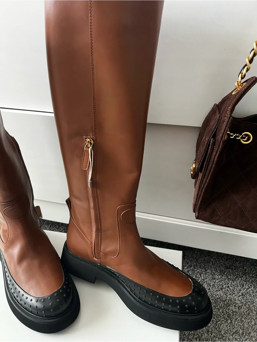 Tod's Tall Brown Leather Over-the-Knee Boots with Black Trim